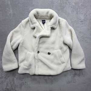 Gap Coat Womens S‎ White Faux Fur Pea Coat Collared Button Pockets Lined